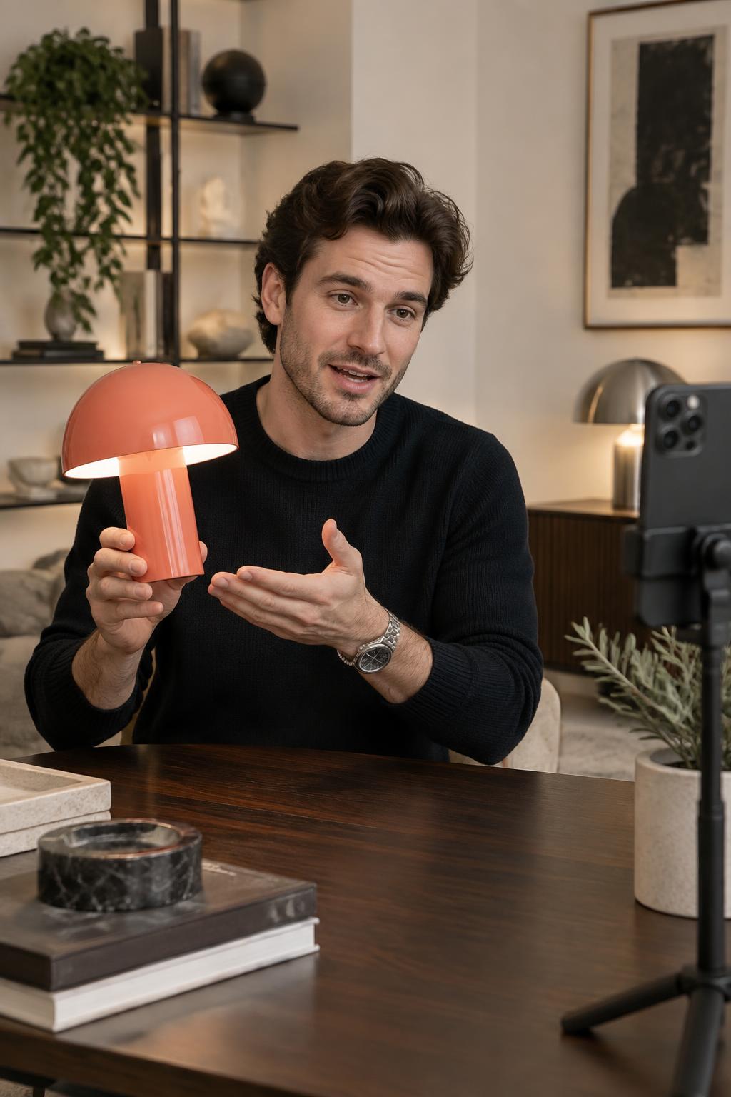 Lifestyle host presenting a table lamp to a livestream camera